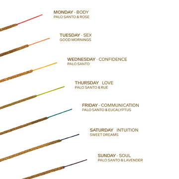 Palo Santo incense sticks with corresponding days of the week and diffuser blends on a white background